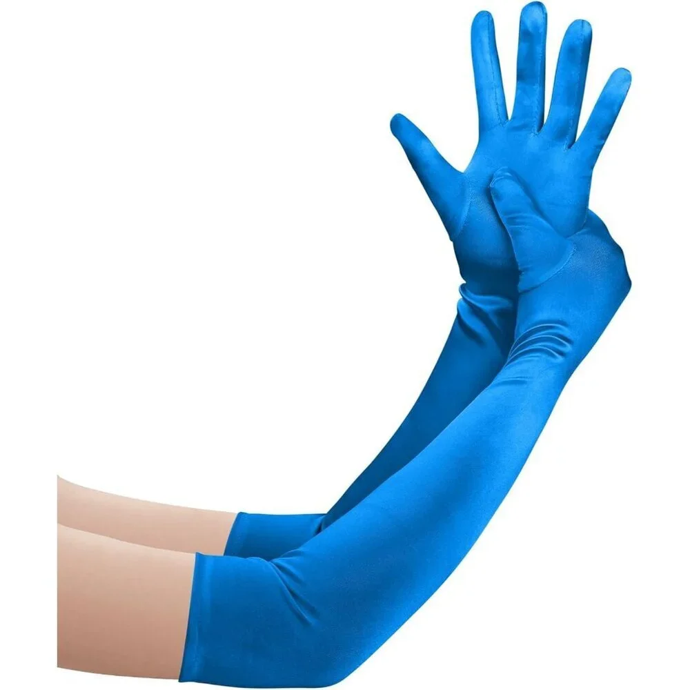 Women's Blue Long Satin Opera Fabric Gloves Party Tea Stretchy Elbow Length